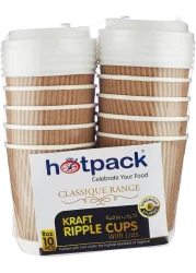 Hotpack-   Kraft Ripple Cup  8 Oz + White Lids 10 Pcs
