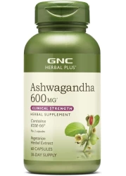 GNC Herbal Plus Ashwagandha 600mg, 60 Capsules, Supports a Healthy Response to Stress