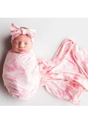 SINCERELY COZY Luxury Rayon from Bamboo Headband &amp; Baby Swaddle for Newborns 0-3 Months, Rose Petal Love Newborn Swaddle Blanket for Baby Girls, Hypoallergenic, Breathable &amp; Buttery Soft