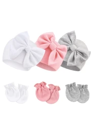 BQUBO Newborn Baby Hospital Hats Beanie Bow Infant Caps Baby Cotton No Scratch Mittens Set for 0-6 Months