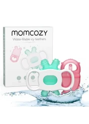 Momcozy Baby Teether Toys, Water Fillable Teether Silicone Cold Teether, Baby Teething Toys Chill Teether, Baby Water Teether for Teething Relief 0-12 Months, Green and Pink 2 Pcs