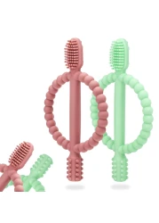 Baby Teething Toys with Easy-Hold Handle, Silicone Infant Toothbrush, Textured On Both Sides Helps Massage, Soothe Sore Gums, Teething Toys for Babies 0-6 Months, 6-12 Months Bright Green &amp; Caramel