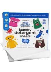 Miss Mouth's Messy Eater Laundry Detergent Sheets - Laundry Detergent, Hypoallergenic, Sensitive Skin Safe, Pediatrician and Dermatologist Tested, Fragrance Free, Travel Friendly