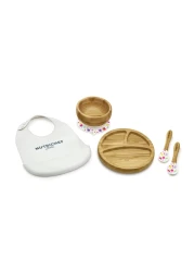Nutrichef Baby and Toddler, 3 Compartment Plate, Bowl, and Spoon Feeding Set- Silicon Suction, Non-Toxic All Natural Bamboo Baby Food Plate with Silicon Bib