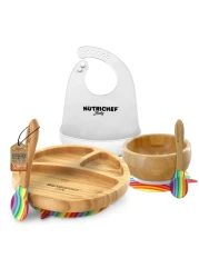 NutriChef Baby and Toddler, 3 compartment plate, bowl, and spoon feeding set- silicone suction, Non-toxic all natural Bamboo baby food plate with silicone bib (Rainbow), Small