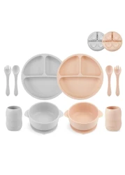 PandaEar Silicone Baby Feeding Set 2 Divided Suction Plate + 2 Suction Bowl + 2 Tiny Cup with 2 Spoons Baby Led Weaning Supplies Self Feeding Utensils (Pink Gray)