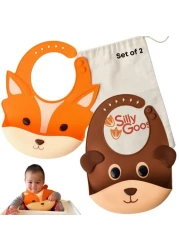 Silly Goose Set of 2 Silicone Animal Baby Bibs for Babies and Toddlers Waterproof Adjustable Soft Extra Wide Food Catcher Pocket 2PK FoxBear