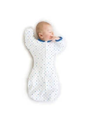 SwaddleDesigns Transitional Swaddle Sack with Arms Up Half-Length Sleeves and Mitten Cuffs, Medium, 3-6 Months, 14-21 lb, Tiny Triangles, Blue (Arms Up Swaddle, Transition Swaddle Sleep Sack)