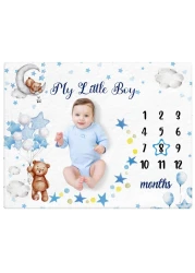 Mindsoft Sleeping Bear Monthly Baby Milestone Blanket Bear Star Balloon Flannel Blanket Boy Newborn Infant Swaddle Blanket Growth Chart Baby Blanket with Frame for Boys Girls Nursery (Blue)