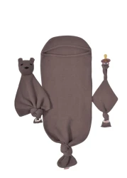 Newborn Essential Baby Swaddle Blanket Set, 1 Piece Set (1 Pacifier Holder, 1 Cocoon Swaddle Sleep Sack, 1 Teddy Bear), 0-8 Months Baby -Coffee