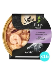 Sheba Filets Chicken with Shrimp and Tuna Wet Food for Cats, 60g Pack of 16