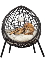 Rattan cat basket chair with soft comfy cushion and play ball, Luxury rattan pet furniture for indoor and outdoor use, Suitable for cats and small dogs 60 cm (Black)