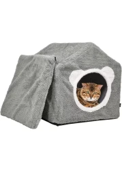 House-design cat shelter with a removable soft mat, Indoor cat bed for medium to large sized cats, Detachable, Easy to cleans and assemble, Anti-slip bottom 42 cm (Grey)