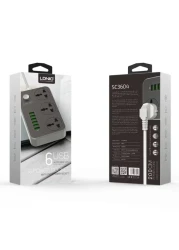 LDNIO SC3604 Socket extension, 6USB Ports 3.4A power, 3 Socket adaptors, 2 meters long cable, safety socket