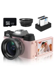 VETEK Digital Cameras for Photography 4K 48MP Vlogging Camera 16X Digital Zoom Manual Focus Students Compact Camera with 52mm WideAngle Lens Macro Lens 32G Micro Card and 2 Batteries Pink
