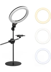 Upgraded Base Ring Light Desk with Horizontal Boom Arm 10 Ring Light with Phone Tripod Stand 3500k6500K Dimmable Ring Light with Phone Holder for Video Recording Live Stream Portrait Makeup