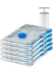 Basics Vacuum Compression Zipper Storage Bags with Airtight Valve and Hand Pump, Medium, 5-Pack, Clear