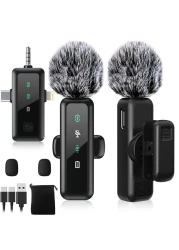 3 IN 1 Wireless Lavalier Microphones for iPhone/Android/Camera Devices(Lightning/USBC/3.5 mm Jack), 2 Pack Mini LED Display Lapel Mic with Mute/Reverb/Noise Reduction for TikTok/YouTube/Vlog Recording