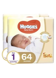 Huggies Diapers Newborn Size 1 Up to 5kg 64 Diapers Pack of 2
