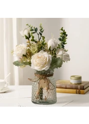 YJ Fake Flowers with Vase, Silk Roses Artificial Flowers in Vase, Faux Flower Arrangement with Vase Suitable for Home Office Decoration, Dining Table Centerpiece(White)