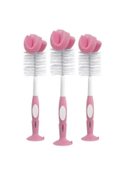 Dr Browns Reusable Sponge Baby Bottle Cleaning Brush Set with Suction Cup Stand Scrubber and Cleaner Pink 3 Pack