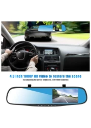 Dual Lens Dash Cams for Cars - Front and Rear 1080P HD DVR, 4.3-Inch Rearview Mirror Camera, Wide-Angle Video Recorder