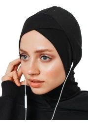 VeilWear Instant Hijab for Headphones and Glasses, Sport Head Scarf, Ready to wear Muslim Accessories for Women (Black)