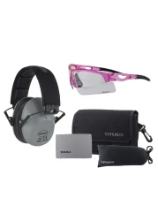 TITUS Slim-line Earmuffs and Safety Glasses Combo Pack (Grey, Pink Frame w/Clear Lens)