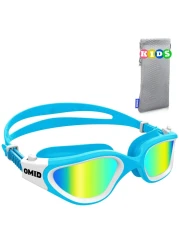 OMID Kids Swim Goggles, P2mini Polarized Swimming Goggles Comfortable for Age 6-14 (A1-Mirrored Gold Lens Blue Frame)