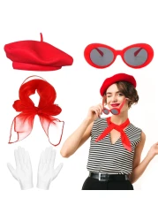 French Women set, Women Fancy Dress Costume Accessories Set French Artist Mime Kit with Red Beret Scarf Sunglasses Gloves for Cosplay Party Supplies Dress Up