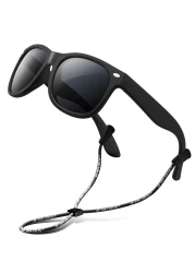 RIVBOS Kids Sunglasses Boys&amp;girls with Strap Polarized Rubber Flexible Shades for Toddler and Children Age 3-10 RBK004-2 Black