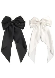 SUSULU Hair Bows for Women Oversized Black White Hair Bow Clips Big Hair Bow Long Tail Large Satin Silky Hair Ribbon Bow Clip Ponytail Hair Accessories for Adult TeensPack of 2