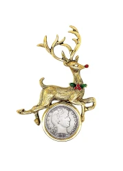 Coin Holiday Reindeer Goldtone Brooch Barber Dime Pin Safety Closure Certificate of Authenticity