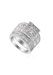 Square CZ Engagement Ring/Wedding Band Bridal Set for Women/Wide Baguette and Round Multi Cut Stones Statement 925s Ring Size 7