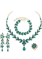 CSY 4 Pcs Elegant Bridal Jewelry Sets Austrian Marquise Crystal Wedding Necklace Dangle Earrings Tennis Bracelet Ring Set for Bride Women Costume Accessories (green crystal-gold tone)