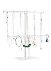 Jewelry Stand Necklace Holder Acrylic Jewelry Display Holder Necklace and Bracelet Hanging Organizer Clear 2Tier Tower Stand for Bangles Necklaces Bracelets Rings Earrings and Watch