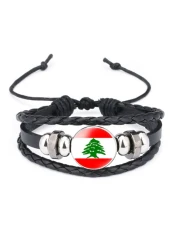 vmcoatdu Lebanon National Flags Bangle Retro Alloy Leather Bracelet for National Flag Braided Rope Bracelet Bangle (Lebanon)