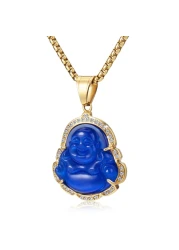WESTMIAJW Lucky Laughing Blue Buddha Pendant Chain Necklaces Amulet Jewelry for Men Women 60cm