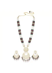 Aheli Gold Plated Rani Pink &amp; Green Kundan Beads Studded Long Necklace &amp; Dangle Earrings Set Ethnic Traditional Jewelry Gift for Women