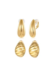 Gmai 2 Pairs Gold Clip On Earrings for Woman Non Pierced Teardrop Croissant Clip On Earrings for Woman Fake Earrings