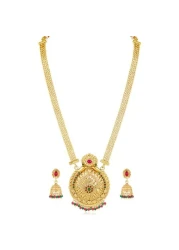 Aheli Gold Plated Rani Pink &amp; Green Synthetic Stone Studded Long Maharani Haar Necklace &amp; Jhumki Earrings Traditional Jewellery Set Gift for Women