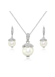 B. BRILLIANT Sterling Silver Simulated Pearl Petals &amp; White Topaz Accents Drop Leverback Earrings and Necklace Jewelry Set for Women Bridesmaids Gift