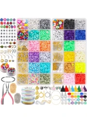 LETS BEADING Flat Round Clay Beads Kit with Pearl Beads Letter Beads Enamel Charms Fruit Beads Tassels Copper Wires Jewelry Findings for Bracelets Necklace Earring Jewelry Making Crafts