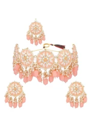 Efulgenz Mothers Day Gift Indian Wedding Jewelry Traditional Kundan Faux Pearl Beads Red Crystal Choker Necklace Round Earrings with Maang Tikka Bridal Set Bollywood Jewelry for Women (Peach Color)
