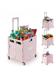 Pink Foldable Shopping Trolley Cart with Lid &ndash; 40kg Heavy-Duty Capacity, Collapsible Grocery Cart with Wheels &amp; Telescopic Handle, Portable Storage Tote for Groceries
