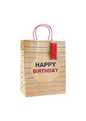 Eurowrap Kraft Birthday Stripes Large Gift Bag - Elegant Design, Eco-Friendly Kraft Paper bag for Design Birthday Celebration