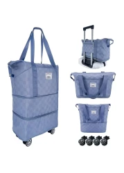 Drvoon Expandable foldable duffel bag suitcase, detachable rolling wheels,carry-on large duffel bag,luggage bag,suit gym,camping,travel or business trip,Gift for wife and parents-Checkerboard(BLUE)