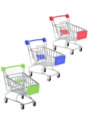 SKYCOOOOL 3 Pcs Mini Shopping Cart, Colorful Metal Shopping Cart Toy Mini Shopping Handcart Mode Tiny Ulitily Trolley Toy for Kids Desk Storage(Red,Blue,Green)
