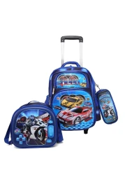 Baby Backpack 3Pcs For Baby Boys 1 lunch 1 Pencil Box And 1 Bag With Adjustable Strap For School 2 Wheels 12 Inch