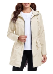 Qyuagle Packable Rain Jacket Women Waterproof Lightweight Raincoat with Hood for Hiking Outdoor Travel Beige S
